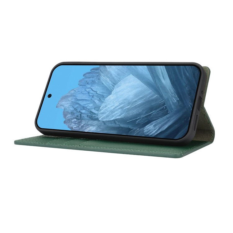 For Google Pixel 9 Pro XL Case Litchi Texture Genuine Cow Leather Phone Cover - Green