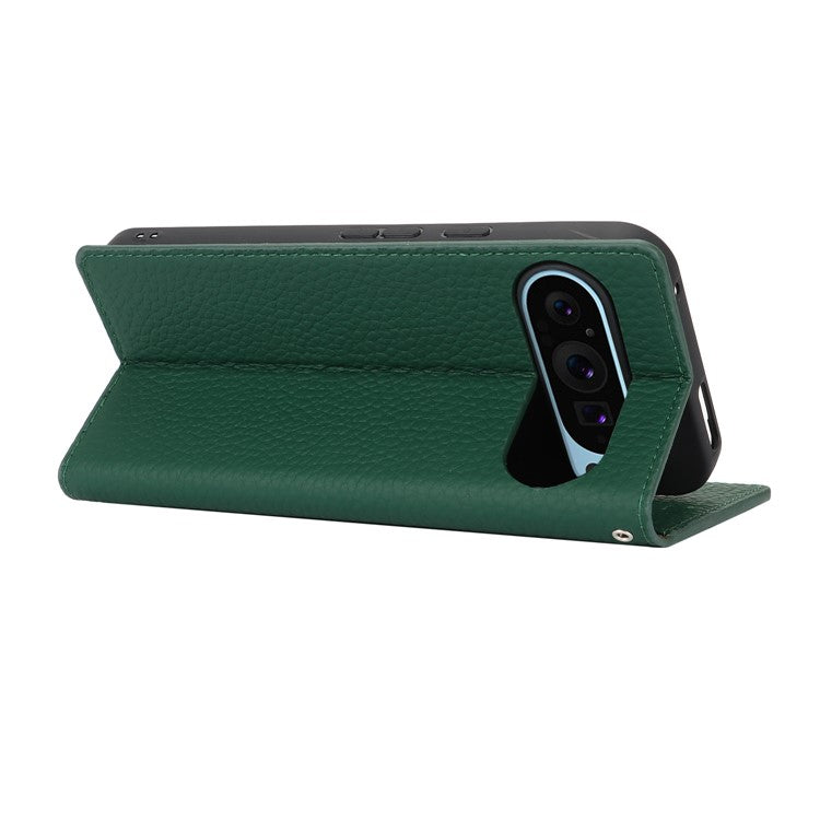 For Google Pixel 9 Pro XL Case Litchi Texture Genuine Cow Leather Phone Cover - Green