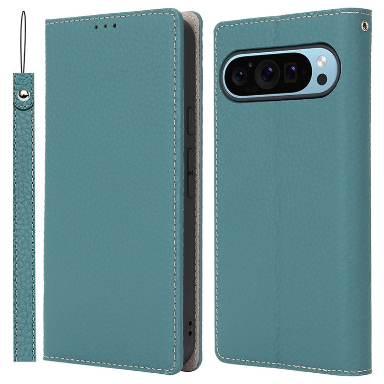 For Google Pixel 9 Pro XL Case Litchi Texture Genuine Cow Leather Phone Cover - Baby Blue