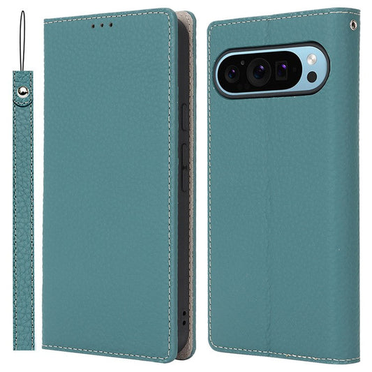 For Google Pixel 9 Pro XL Case Litchi Texture Genuine Cow Leather Phone Cover - Baby Blue