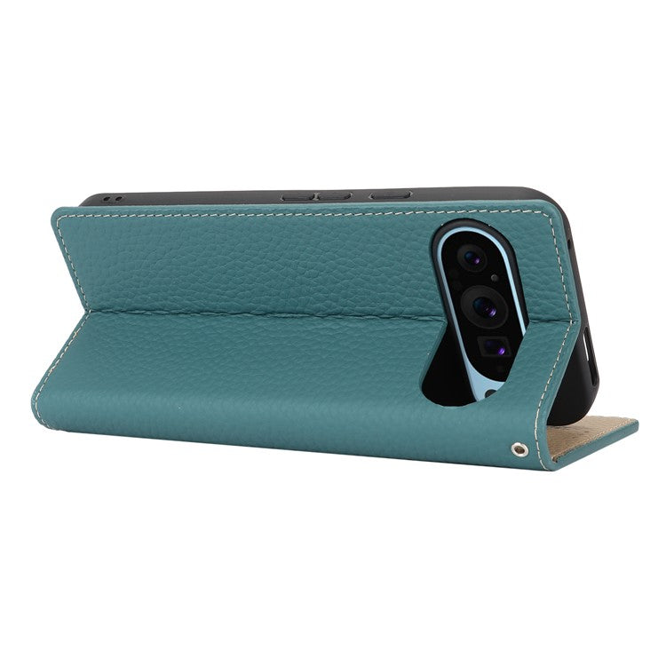 For Google Pixel 9 Pro XL Case Litchi Texture Genuine Cow Leather Phone Cover - Baby Blue