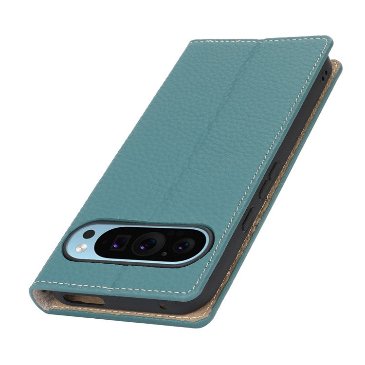 For Google Pixel 9 Pro XL Case Litchi Texture Genuine Cow Leather Phone Cover - Baby Blue