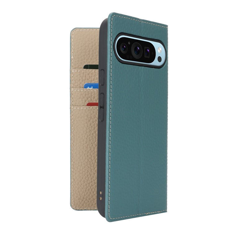 For Google Pixel 9 Pro XL Case Litchi Texture Genuine Cow Leather Phone Cover - Baby Blue