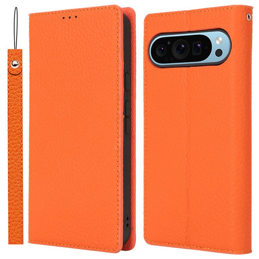 For Google Pixel 9 Pro XL Case Litchi Texture Genuine Cow Leather Phone Cover - Orange