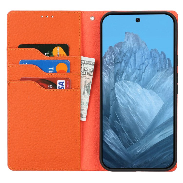 For Google Pixel 9 Pro XL Case Litchi Texture Genuine Cow Leather Phone Cover - Orange
