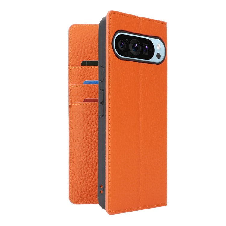For Google Pixel 9 Pro XL Case Litchi Texture Genuine Cow Leather Phone Cover - Orange