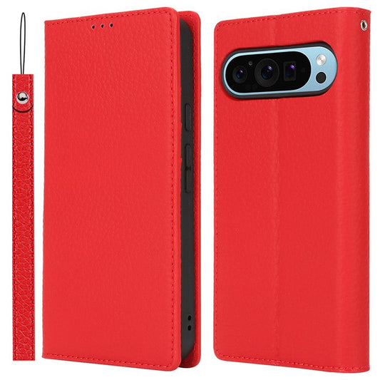 For Google Pixel 9 Pro XL Case Litchi Texture Genuine Cow Leather Phone Cover - Red