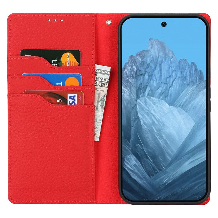 For Google Pixel 9 Pro XL Case Litchi Texture Genuine Cow Leather Phone Cover - Red