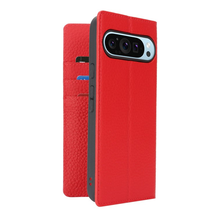 For Google Pixel 9 Pro XL Case Litchi Texture Genuine Cow Leather Phone Cover - Red