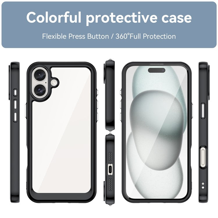 For iPhone 16 Plus Case TPU Frame Clear Acrylic Back Phone Cover - Black