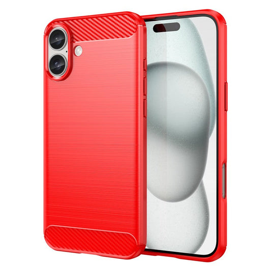 For iPhone 16 Plus Case Brushed Soft TPU Phone Cover Carbon Fiber Texture - Red