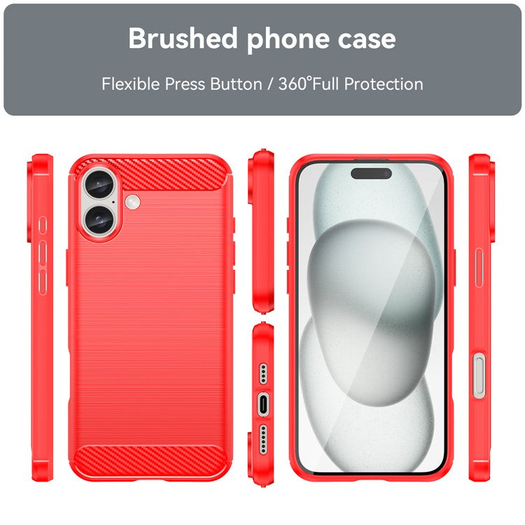 For iPhone 16 Plus Case Brushed Soft TPU Phone Cover Carbon Fiber Texture - Red
