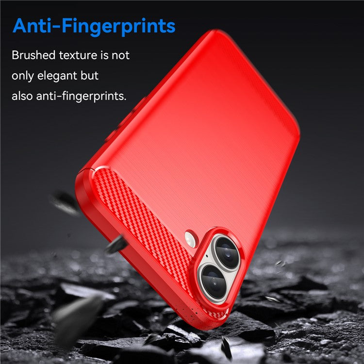 For iPhone 16 Plus Case Brushed Soft TPU Phone Cover Carbon Fiber Texture - Red