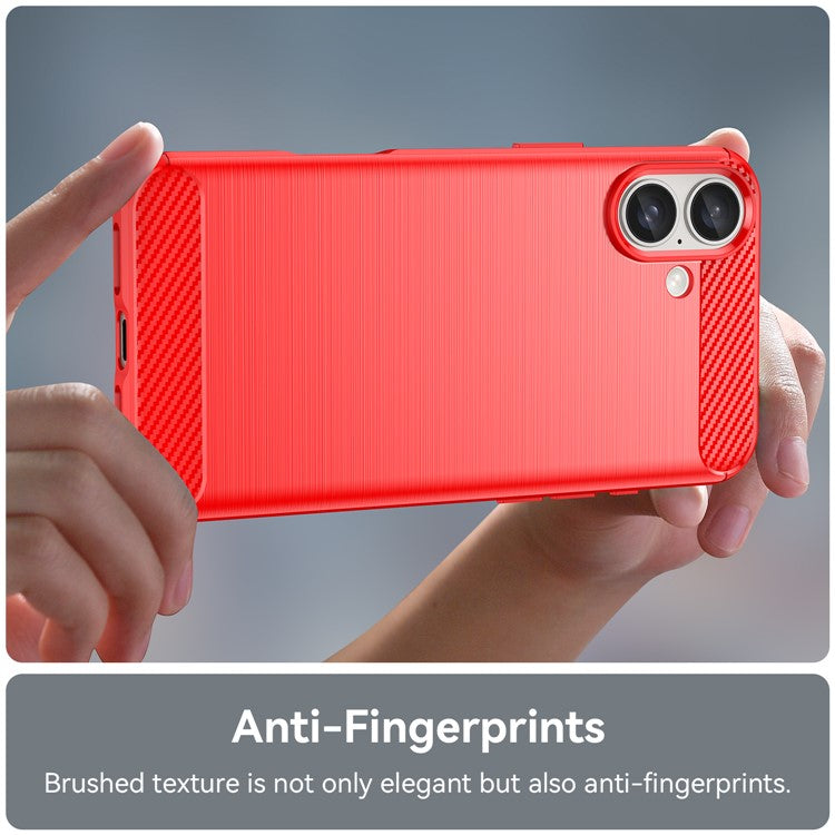 For iPhone 16 Plus Case Brushed Soft TPU Phone Cover Carbon Fiber Texture - Red