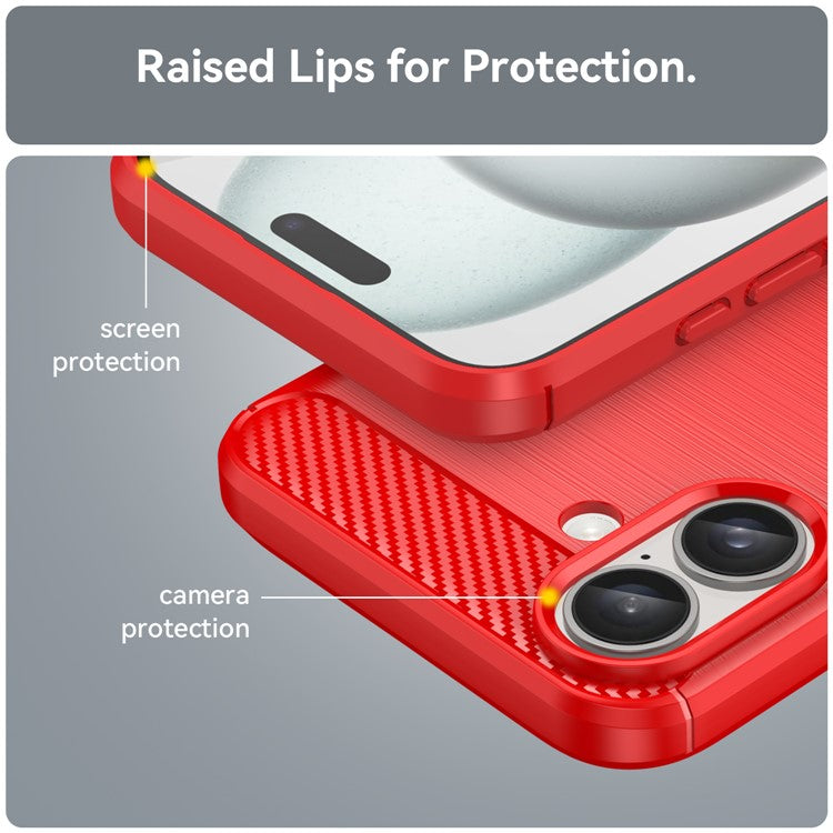 For iPhone 16 Plus Case Brushed Soft TPU Phone Cover Carbon Fiber Texture - Red