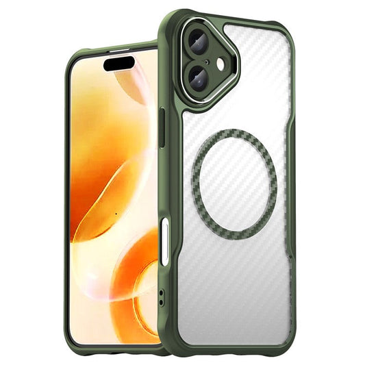 For iPhone 16 Plus Magnetic Case TPU+PC Phone Cover Carbon Fiber Texture - Green