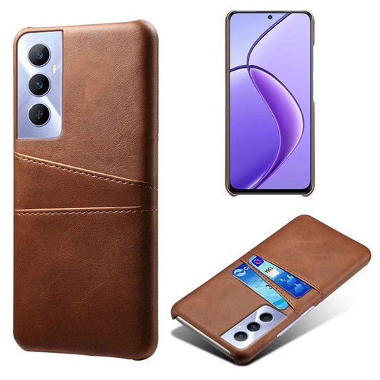 For Realme C65 4G Case Dual Card Slots PU Leather+PC Hard Phone Cover - Brown