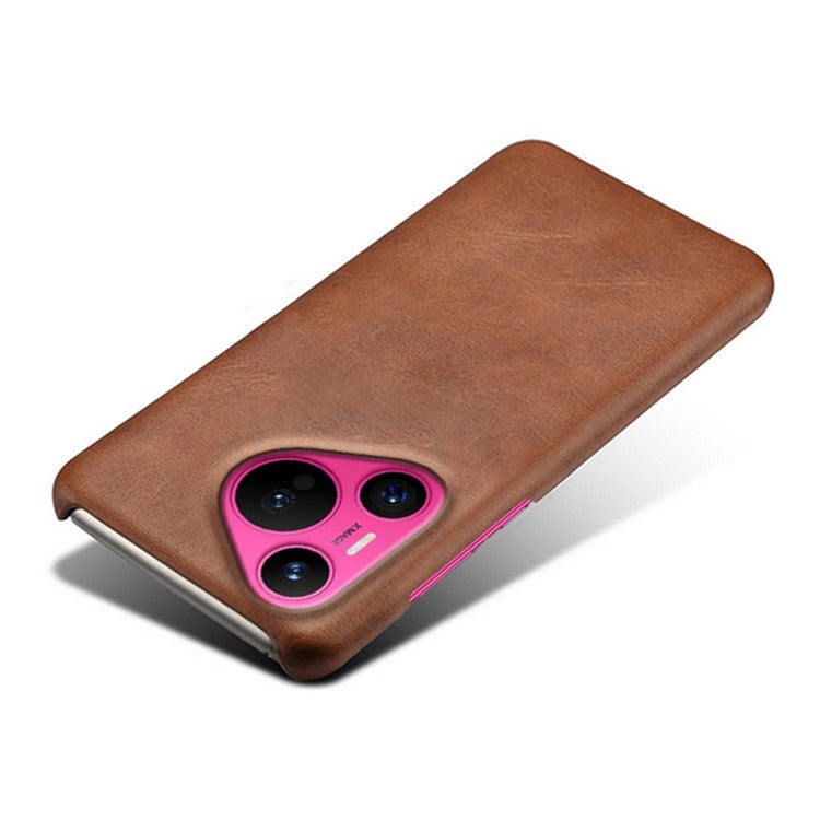 For Huawei Pura 70 Case Calf Texture Leather Coated Hard PC Phone Cover - Brown