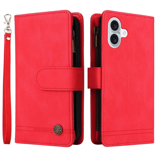 For iPhone 16 Plus Case Zipper Pocket Leather Flip Phone Cover with Hand Strap - Red