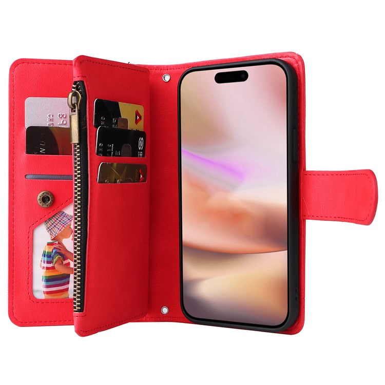 For iPhone 16 Plus Case Zipper Pocket Leather Flip Phone Cover with Hand Strap - Red