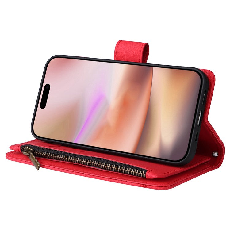 For iPhone 16 Plus Case Zipper Pocket Leather Flip Phone Cover with Hand Strap - Red