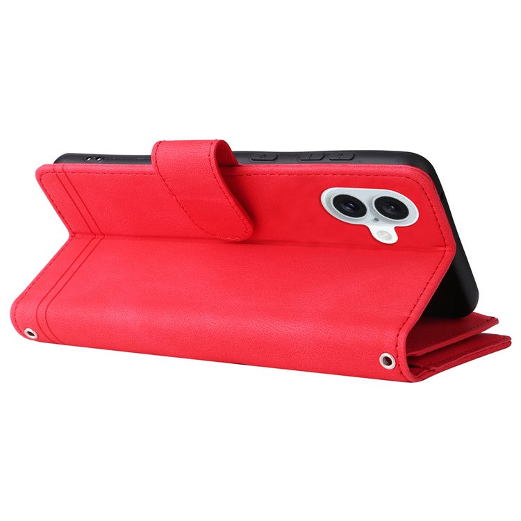 For iPhone 16 Plus Case Zipper Pocket Leather Flip Phone Cover with Hand Strap - Red