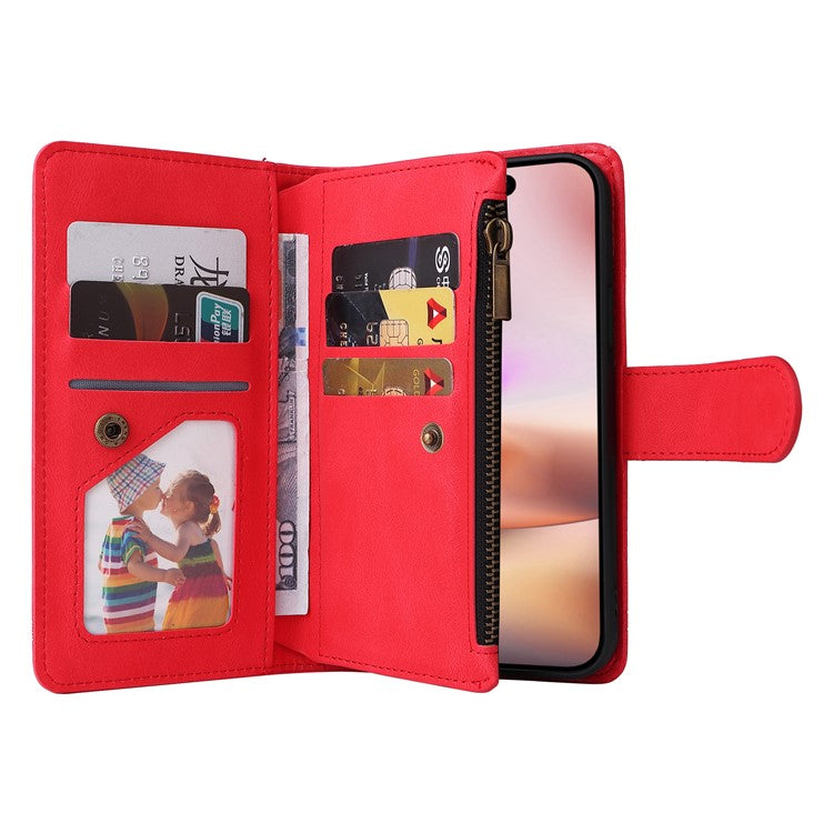 For iPhone 16 Plus Case Zipper Pocket Leather Flip Phone Cover with Hand Strap - Red
