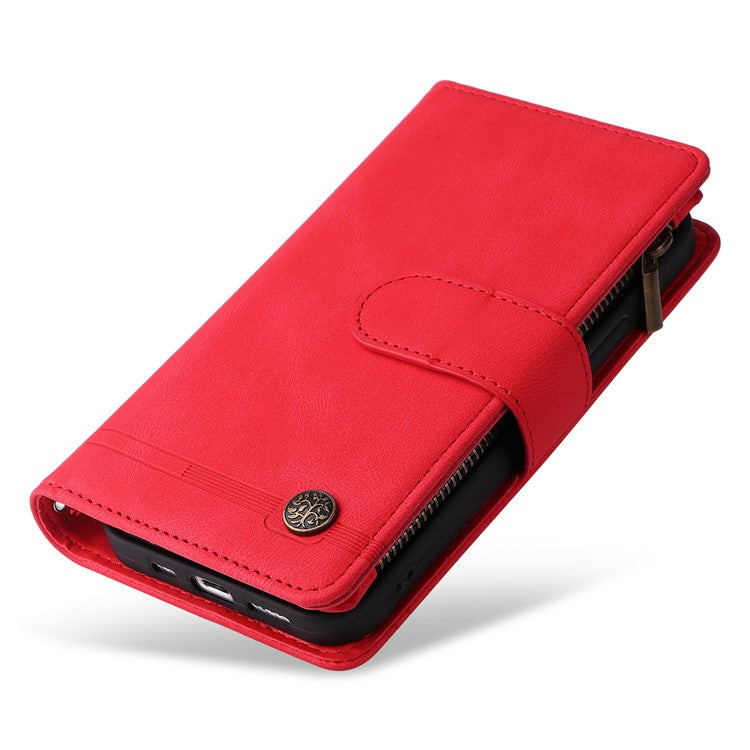 For iPhone 16 Plus Case Zipper Pocket Leather Flip Phone Cover with Hand Strap - Red