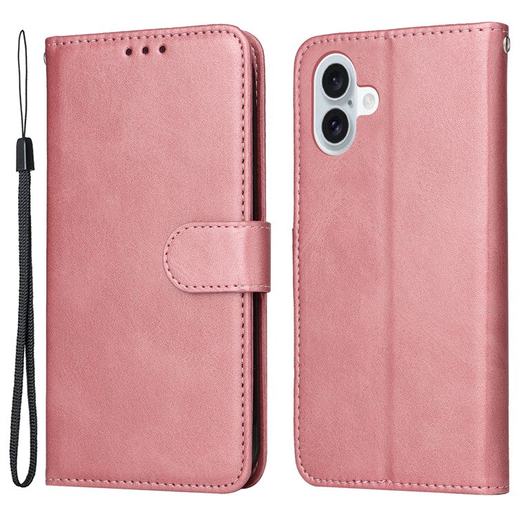 For iPhone 16 Plus Leather Wallet Case Calf Texture Magnetic Clasp Cell Phone Cover - Pink
