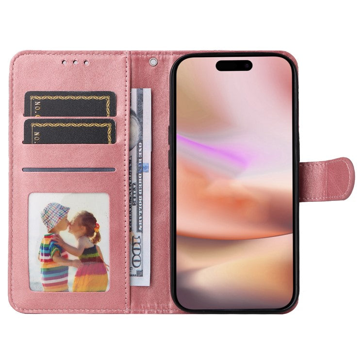 For iPhone 16 Plus Leather Wallet Case Calf Texture Magnetic Clasp Cell Phone Cover - Pink