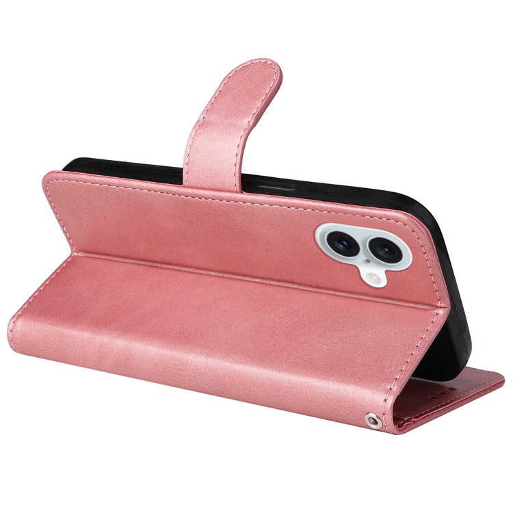 For iPhone 16 Plus Leather Wallet Case Calf Texture Magnetic Clasp Cell Phone Cover - Pink