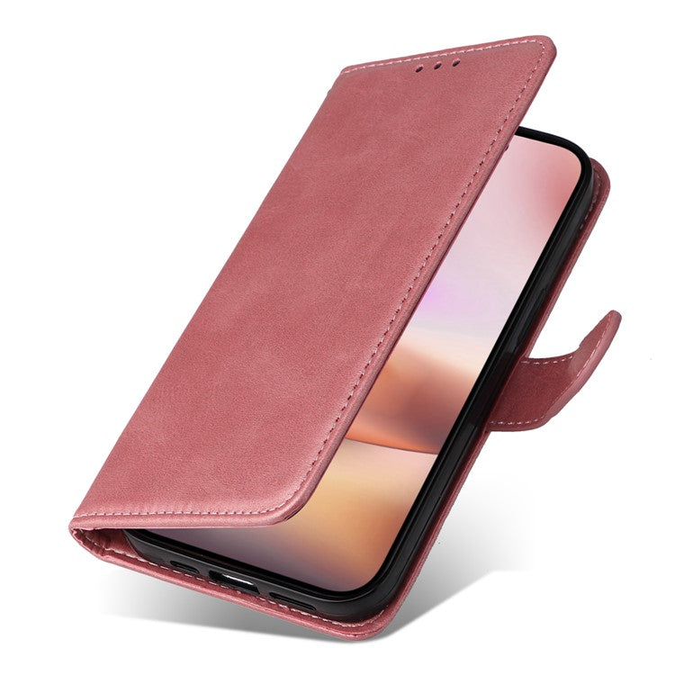 For iPhone 16 Plus Leather Wallet Case Calf Texture Magnetic Clasp Cell Phone Cover - Pink