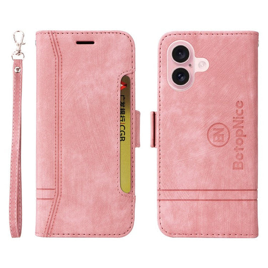 BETOPNICE 001 for iPhone 16 Case Leather Phone Cover Handbag Flip Stand Protective - Pink