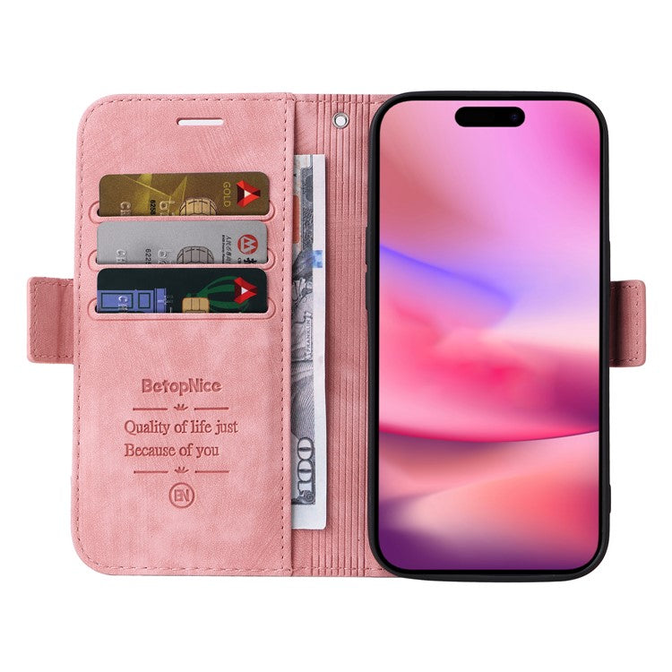 BETOPNICE 001 for iPhone 16 Case Leather Phone Cover Handbag Flip Stand Protective - Pink