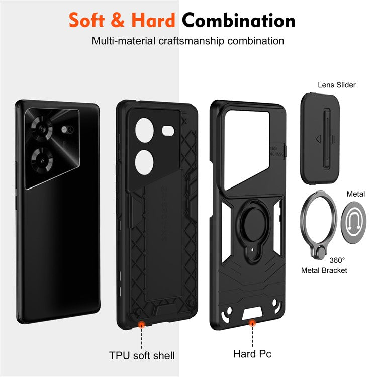 For TECNO Pova 5 4G Camera Protection Case Kickstand PC+TPU Phone Cover - Black