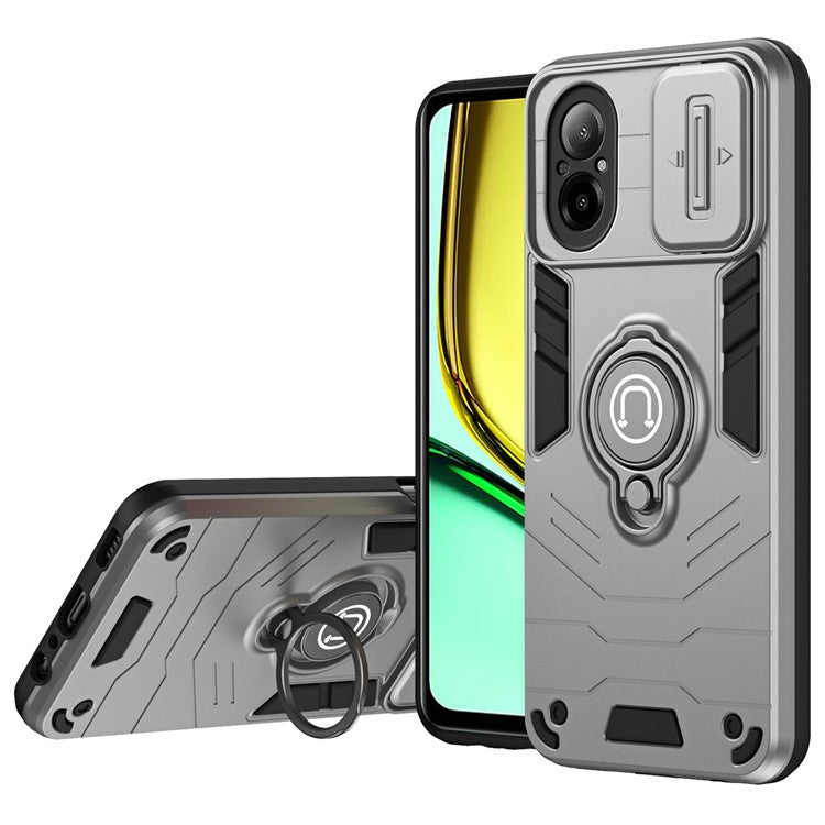 For Realme C67 4G Case PC+TPU Phone Shell with Lens Cover Ring Kickstand - Grey