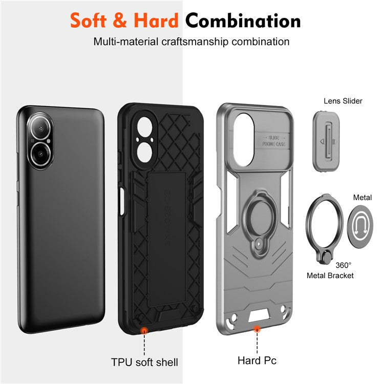 For Realme C67 4G Case PC+TPU Phone Shell with Lens Cover Ring Kickstand - Grey