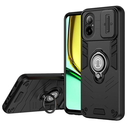 For Realme C67 4G Case PC+TPU Phone Shell with Lens Cover Ring Kickstand - Black