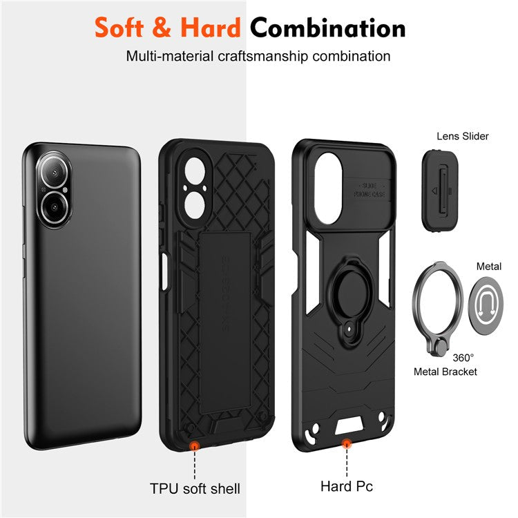 For Realme C67 4G Case PC+TPU Phone Shell with Lens Cover Ring Kickstand - Black