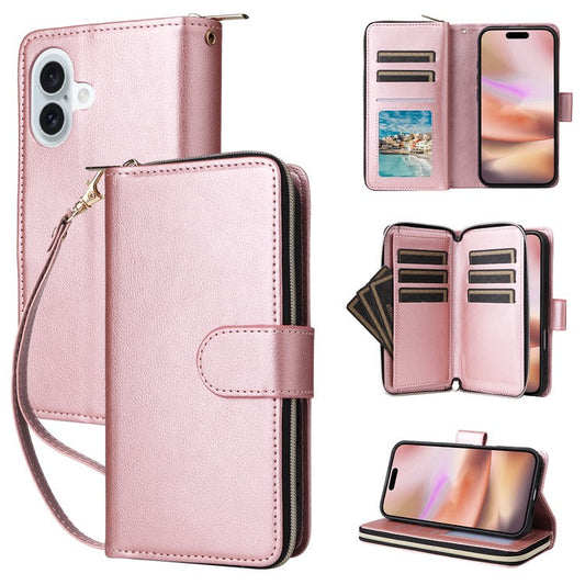 For iPhone 16 Plus Case PU Leather Phone Cover 9 Card Slots Zipper Pocket Hand Strap - Rose Gold