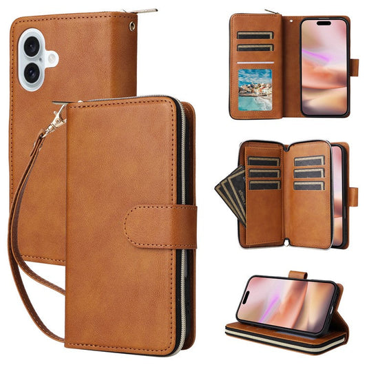 For iPhone 16 Plus Case PU Leather Phone Cover 9 Card Slots Zipper Pocket Hand Strap - Brown