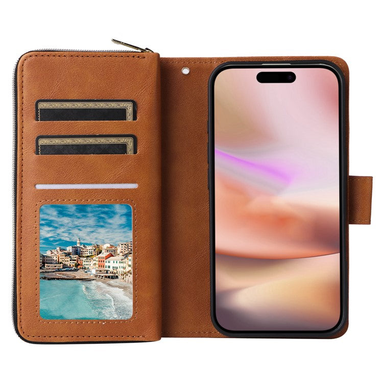 For iPhone 16 Plus Case PU Leather Phone Cover 9 Card Slots Zipper Pocket Hand Strap - Brown