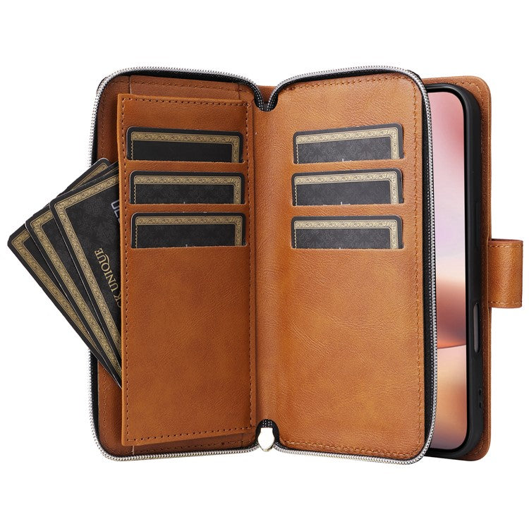 For iPhone 16 Plus Case PU Leather Phone Cover 9 Card Slots Zipper Pocket Hand Strap - Brown