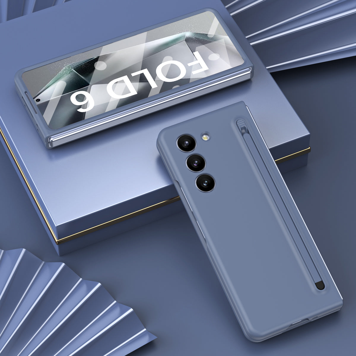 For Samsung Galaxy Z Fold6 5G Case Shockproof Phone Cover with Stylus / Tempered Glass Film - Blue+Blue Stylus