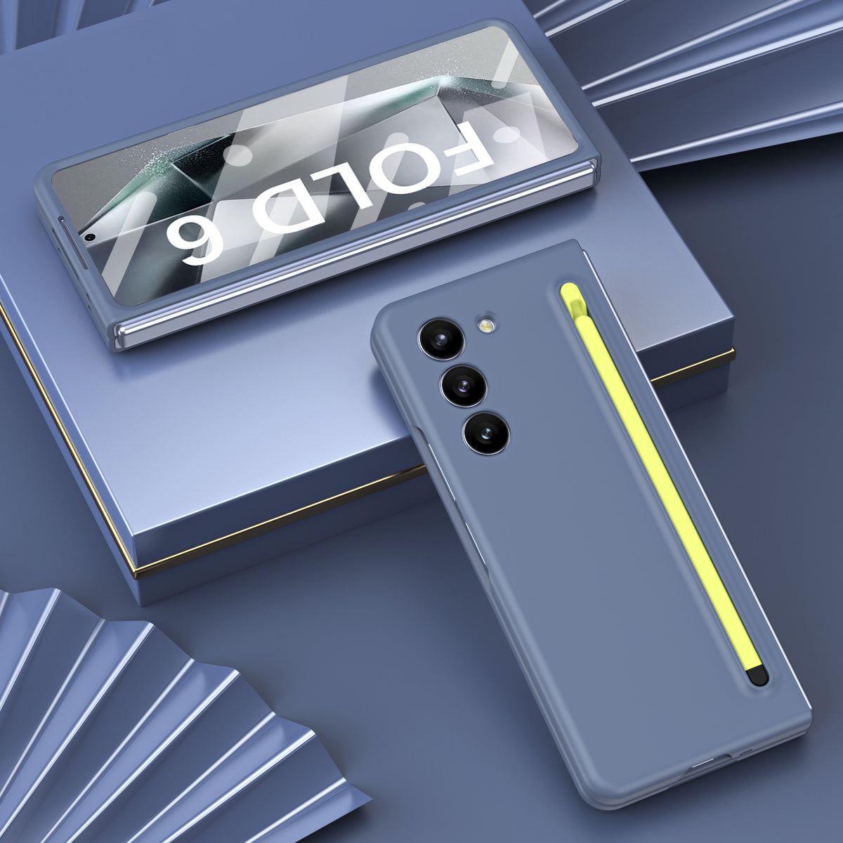 For Samsung Galaxy Z Fold6 5G Case Shockproof Phone Cover with Stylus / Tempered Glass Film - Blue+Green Stylus