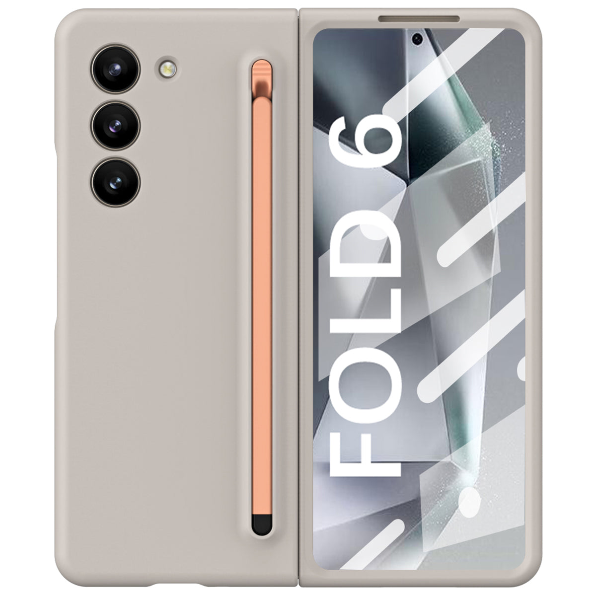 For Samsung Galaxy Z Fold6 5G Case Shockproof Phone Cover with Stylus / Tempered Glass Film - Light Grey+Pink Stylus
