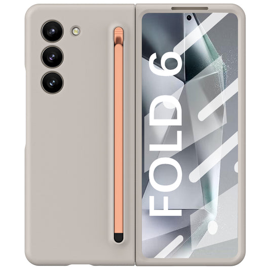 For Samsung Galaxy Z Fold6 5G Case Shockproof Phone Cover with Stylus / Tempered Glass Film - Light Grey+Pink Stylus