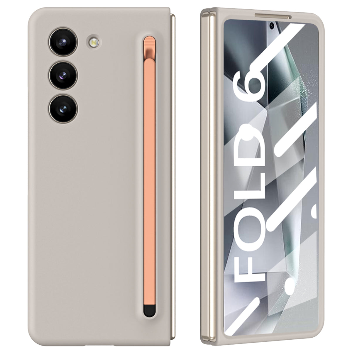 For Samsung Galaxy Z Fold6 5G Case Shockproof Phone Cover with Stylus / Tempered Glass Film - Light Grey+Pink Stylus