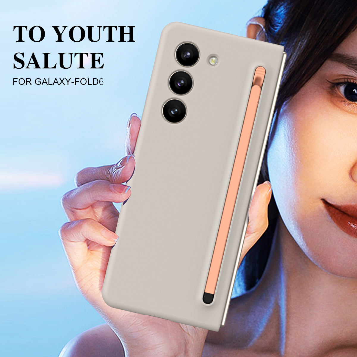 For Samsung Galaxy Z Fold6 5G Case Shockproof Phone Cover with Stylus / Tempered Glass Film - Light Grey+Pink Stylus