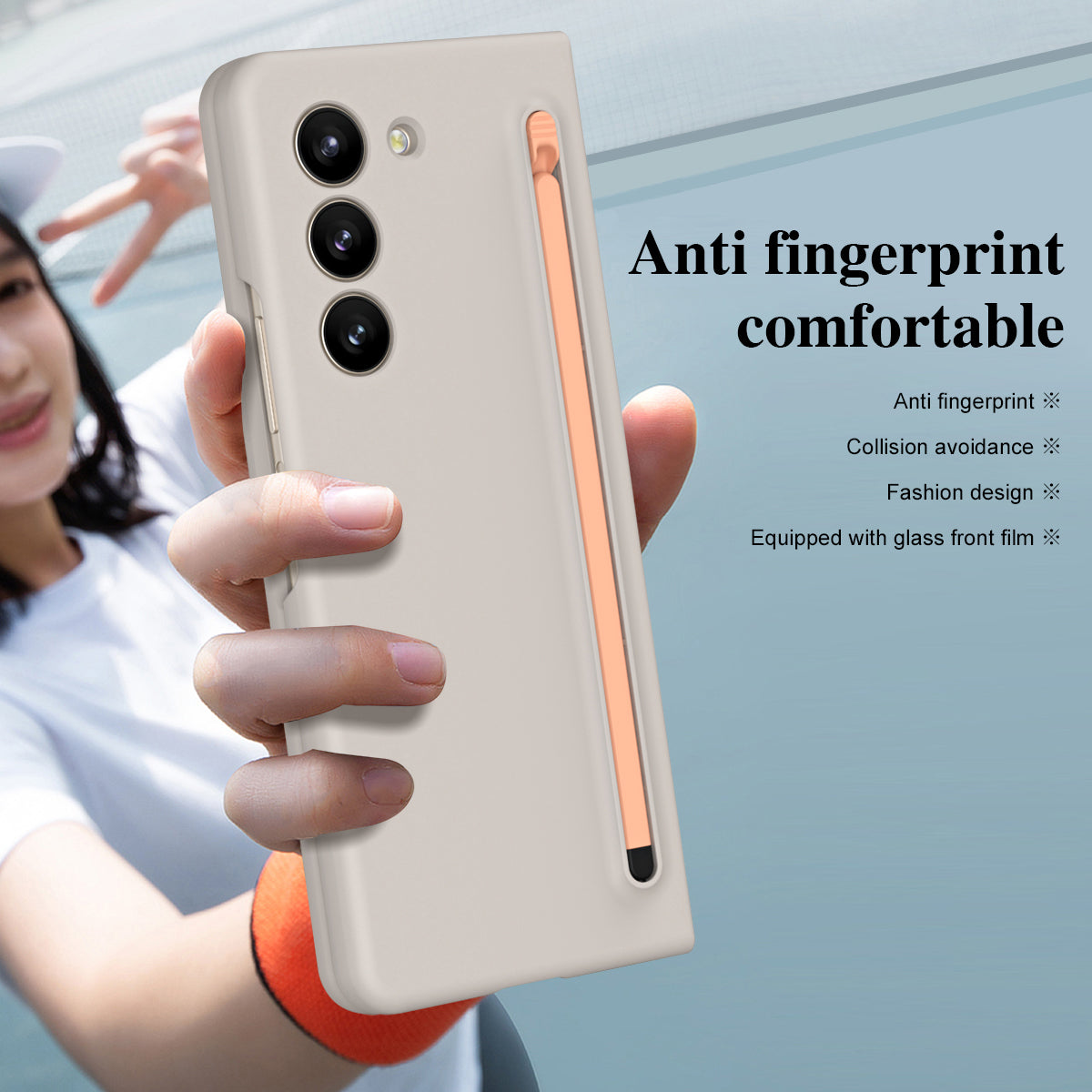 For Samsung Galaxy Z Fold6 5G Case Shockproof Phone Cover with Stylus / Tempered Glass Film - Light Grey+Pink Stylus